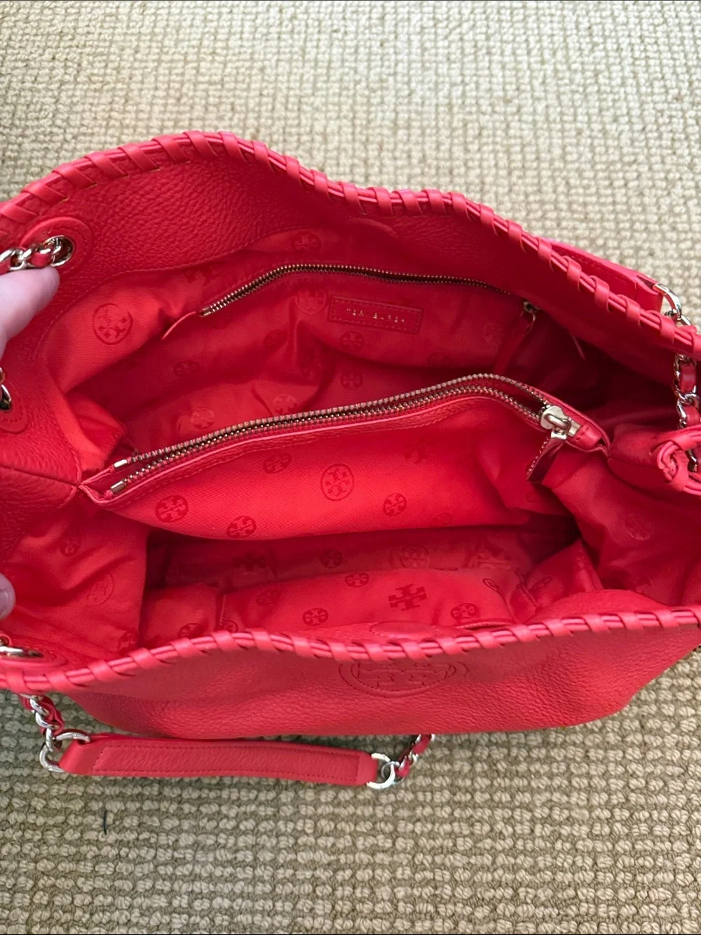 Tory Burch Coral-Red Pebbled Leather Chain Shoulder Bag